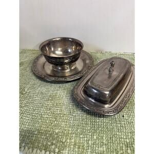 Vintage Oneida Silverplate Butter Dish Glass Insert Bonbon Dish Set